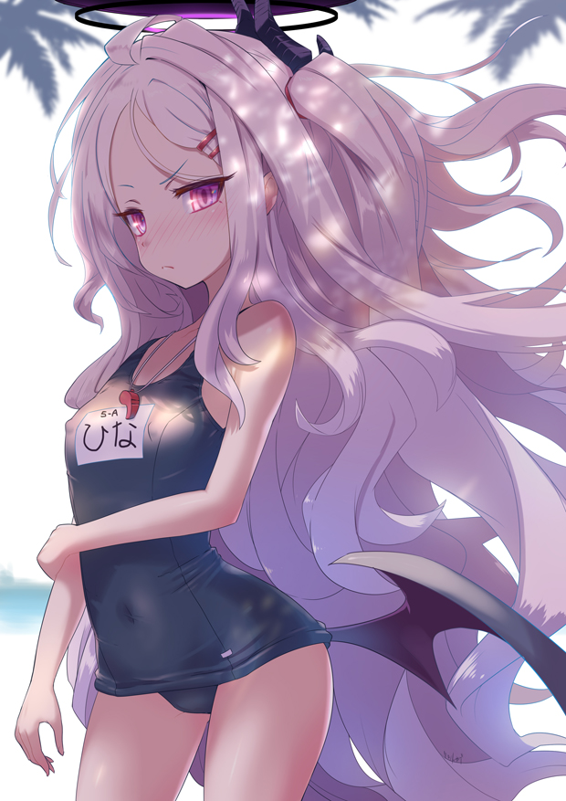 1girl, bangs, blue_archive, collarbone, commentary_request, demon_horns, demon_wings, eyebrows_visible_through_hair