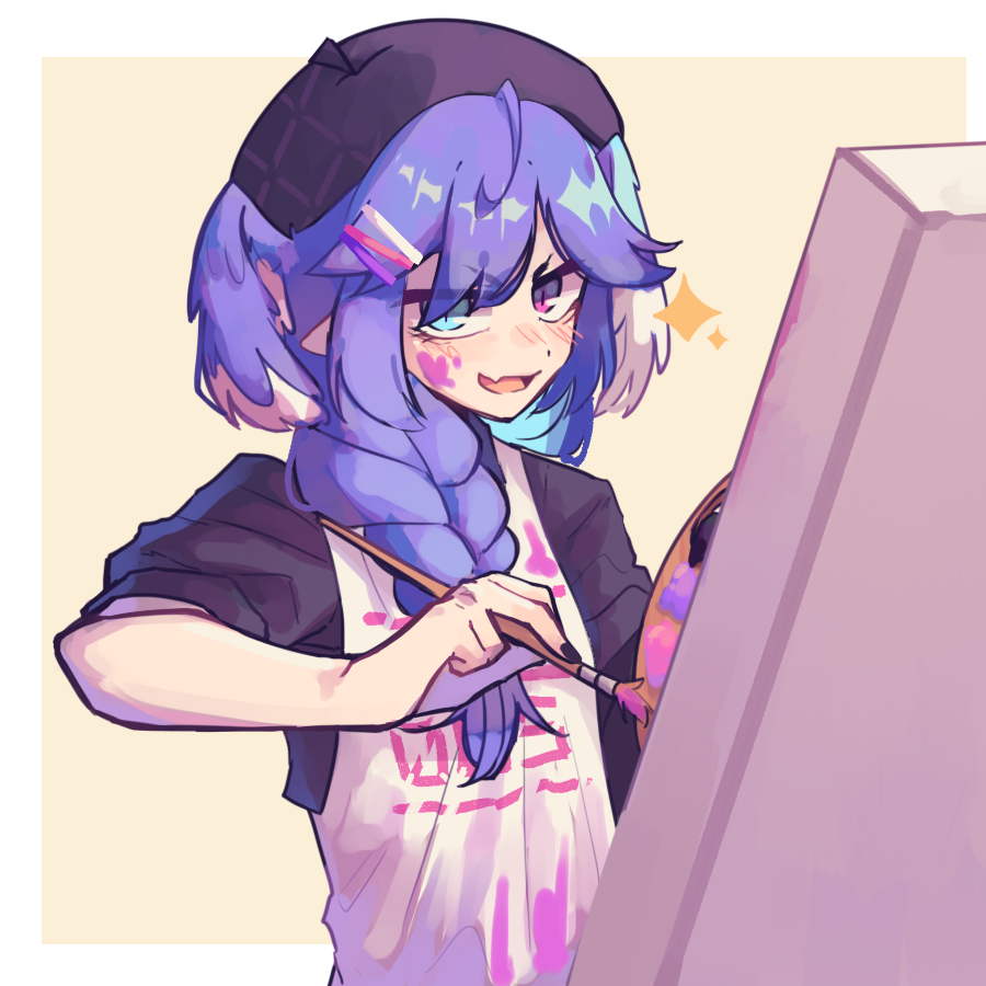 1girl, adapted_costume, alternate_hairstyle, apron, bangs, beret, black_headwear, black_nails
