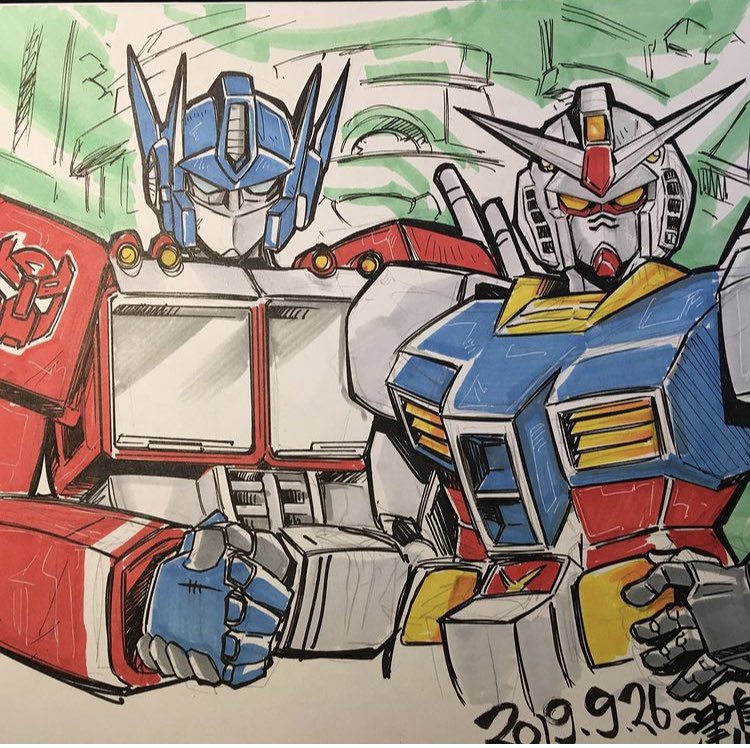 2019, autobot, blue_eyes, crossover, dated, gundam, handshake, insignia, looking_at_viewer, mecha, mobile_suit, mobile_suit_gundam, no_humans, optimus_prime, rx-78-2, science_fiction, traditional_media, transformers, tsushima_naoto, v-fin, yellow_eyes