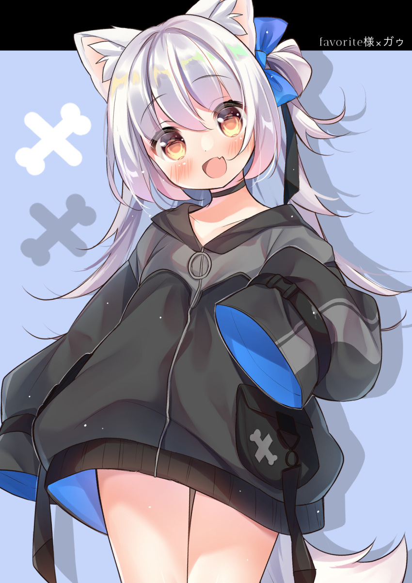 1girl, :d, animal_ears, black_hoodie, choker, fang, gau_(n00_shi), hair_ribbon