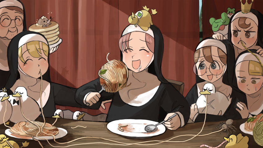 >_<, 6+girls, :<, :d, ^_^, age_difference, animal_on_head, ball_of_spaghetti