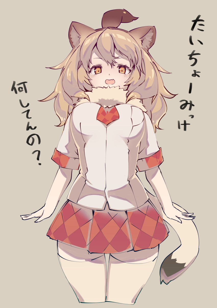 1girl, animal_ears, bird_witch, blonde_hair, blush, commentary_request, cowboy_shot, eyebrows_visible_through_hair, fang, fur_collar, highres, kemono_friends, lion_(kemono_friends), lion_ears, lion_girl, lion_tail, looking_at_viewer, necktie, open_mouth, plaid, plaid_neckwear, plaid_skirt, plaid_trim, pleated_skirt, red_neckwear, red_skirt, shirt, short_hair, short_sleeves, skirt, solo, t-shirt, tail, thigh-highs, translation_request, white_fur, white_legwear, white_shirt, yellow_eyes, zettai_ryouiki