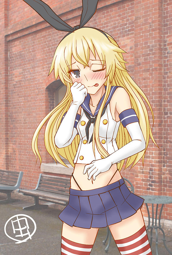 1girl, anchor_hair_ornament, artist_logo, bench, black_hairband, black_neckwear, black_panties, blonde_hair
