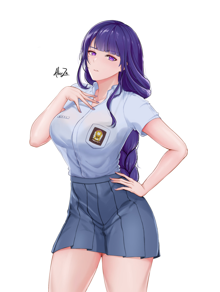 1girl, alterzk, bangs, blunt_bangs, braid, breast_pocket, breasts, collared_shirt, commentary, english_commentary, eyebrows_visible_through_hair, genshin_impact, grey_skirt, hand_on_hip, hand_on_own_chest, head_tilt, highres, indonesia, indonesian_clothes, large_breasts, long_hair, looking_at_viewer, low_ponytail, mole, mole_under_eye, name_tag, parted_lips, pleated_skirt, pocket, pose, purple_hair, raiden_(genshin_impact), school_uniform, shirt, short_sleeves, sidelocks, signature, simple_background, single_braid, skirt, solo, violet_eyes, white_background