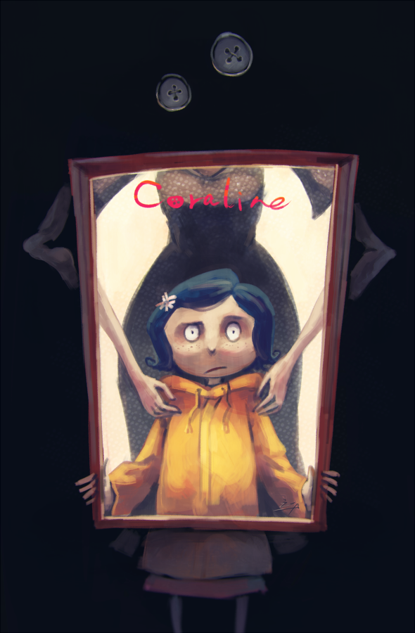 black_background, black_dress, blue_hair, button_eyes, coraline, coraline_jones, covered_face, darkness, dress, head_out_of_frame, holding_portrait, koto_inari, long_arms, looking_at_viewer, other_mother, portrait_(object), puffy_short_sleeves, puffy_sleeves, scared, short_sleeves, skinny, yellow_raincoat