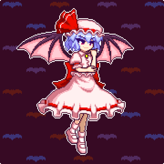 1girl, bangs, bat_background, bat_wings, closed_mouth, collared_shirt, eyebrows_visible_through_hair, full_body, hat, hat_ribbon, holding_own_arm, mob_cap, pink_footwear, pink_headwear, pink_legwear, pink_shirt, pink_skirt, pixel_art, purple_hair, red_eyes, red_ribbon, remilia_scarlet, ribbon, shirt, short_hair, short_sleeves, skirt, smile, solo, touhou, tsukimiya_toito, v-shaped_eyebrows, wings