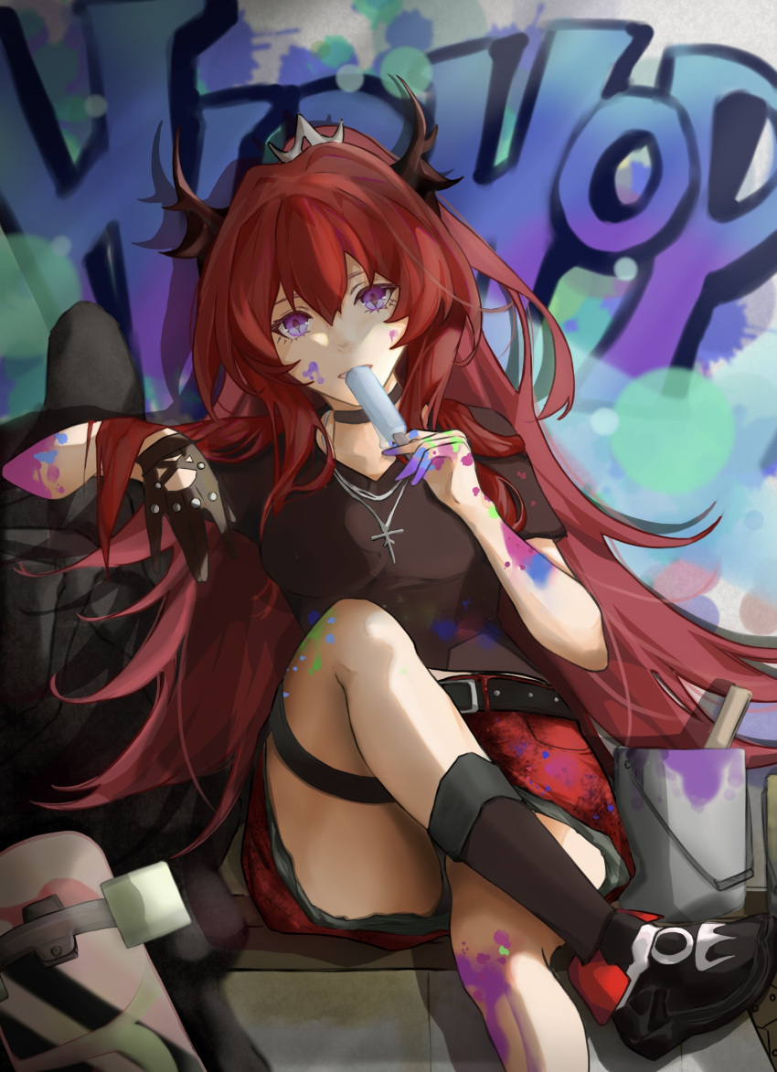 amef, arknights, dress, food, graffiti, highres, horns, long_hair, official_alternate_costume, paint, paint_splatter, popsicle, redhead, skateboard, slit_pupils, surtr_(arknights), surtr_(liberte_echec)_(arknights), thighs, violet_eyes