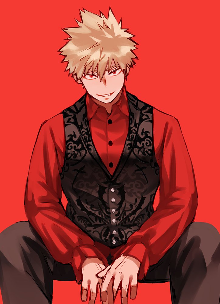 1boy, bakugou_katsuki, black_pants, black_vest, blonde_hair, boku_no_hero_academia, donnaoneone, looking_at_viewer, male_focus, pants, red_background, red_eyes, red_shirt, shirt, short_hair, simple_background, smile, solo, spiky_hair, vest