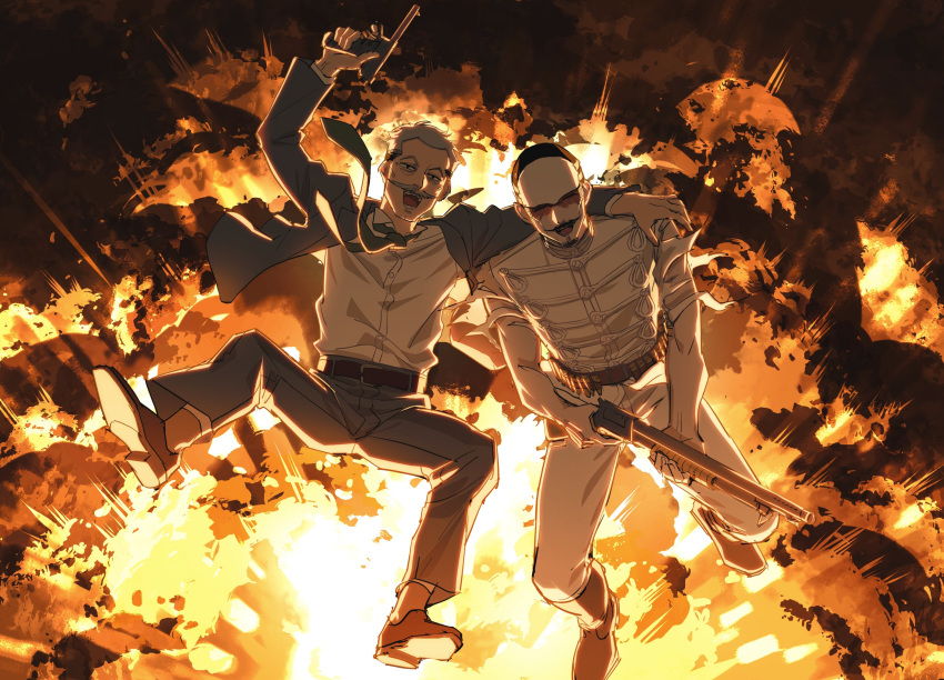 2boys, :o, arisaka_narizou, belt, black_hair, explosion, facial_hair, forehead_protector
