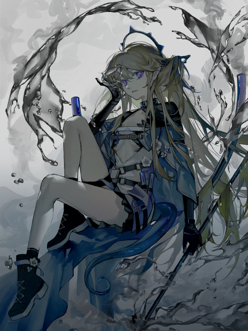 1girl, arknights, black_footwear, black_gloves, black_skirt, blue_jacket, buckle, capelet