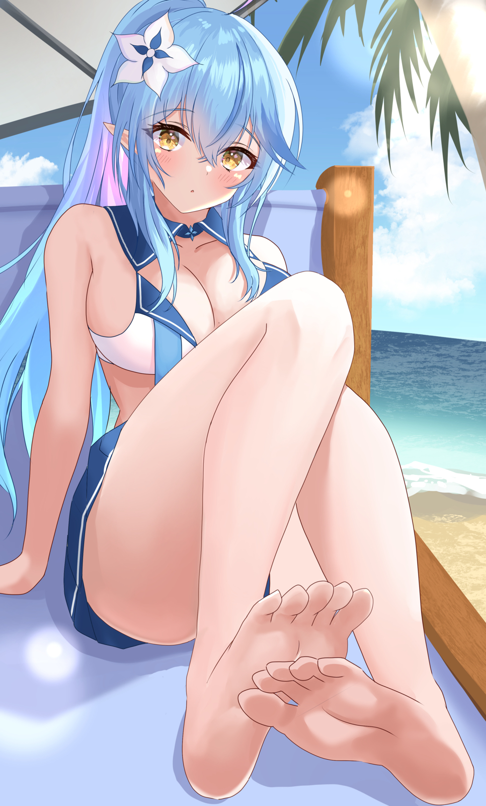 1girl, :o, beach, blue_hair, blue_sky, blush, breasts, deck_chair