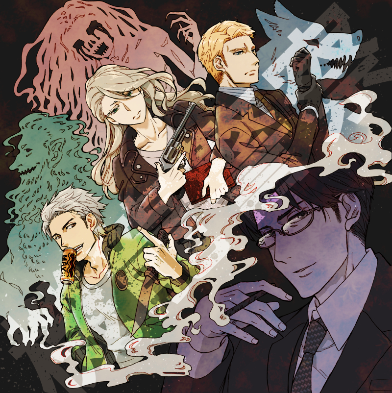 1girl, 3boys, black_gloves, black_hair, black_suit, blonde_hair, character_request, chloe-toma, cigarette, ghost, glasses, gloves, grey_hair, gun, holding, holding_gun, holding_knife, holding_weapon, kiryuu_keisatsu, knife, long_hair, multiple_boys, necktie, short_hair, smoking, teeth_hold, watermark, weapon