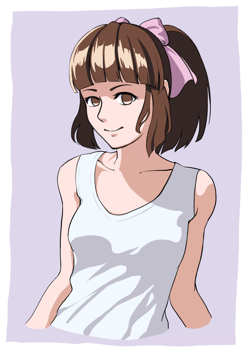 1girl, absurdres, arikura_tomoko, bangs, blunt_bangs, bow, brown_eyes, brown_hair, grey_background, hair_bow, highres, medium_hair, nogreen, oniisama_e..., pink_bow, ponytail, shirt, simple_background, sleeveless, smile, upper_body, white_shirt