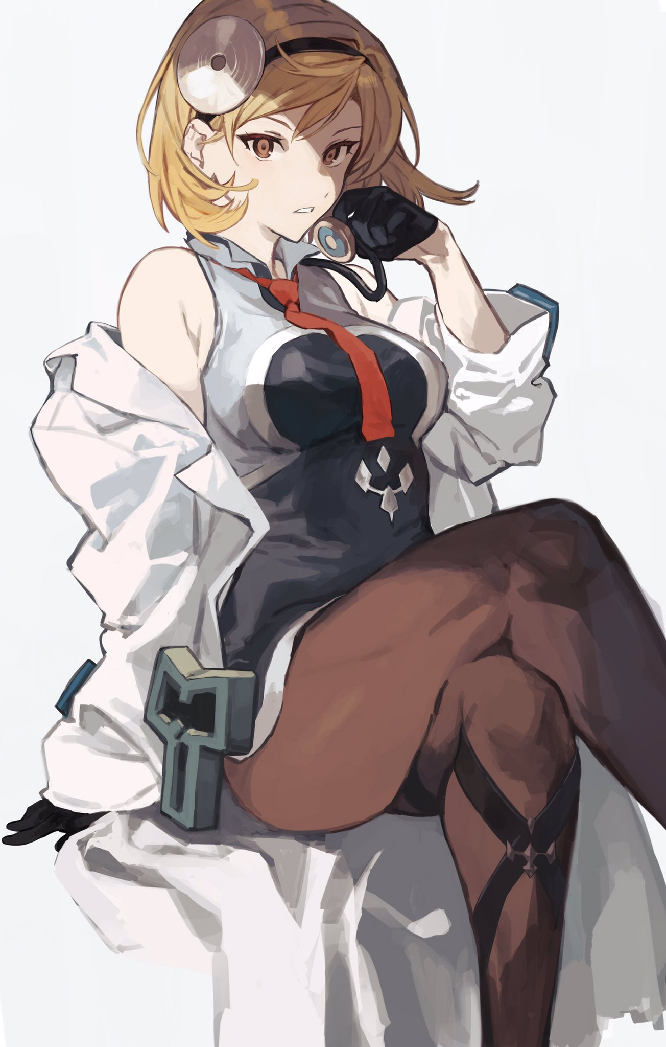 1girl, black_gloves, blonde_hair, breasts, crossed_legs, djeeta_(granblue_fantasy), doctor_(granblue_fantasy), gloves