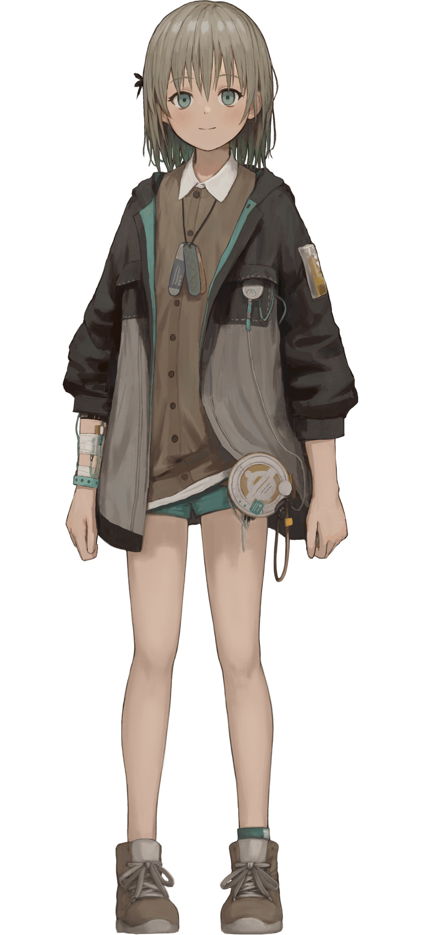 1girl, absurdres, asatsugutori, bandaged_arm, bandages, blush, boots, cardigan