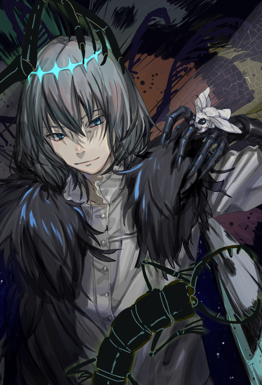 1boy, absurdres, black_hair, blue_eyes, bug, cape, centipede, closed_mouth, da_mei, fate/grand_order, fate_(series), fur_trim, highres, insect, insect_wings, looking_at_viewer, male_focus, moth, oberon_(fate), shirt, smile, solo, spoilers, upper_body, white_shirt, wings