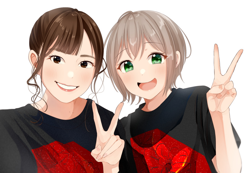 2girls, aoba_moca, bang_dream!, bangs, black_shirt, brown_eyes, brown_hair, elu_pom