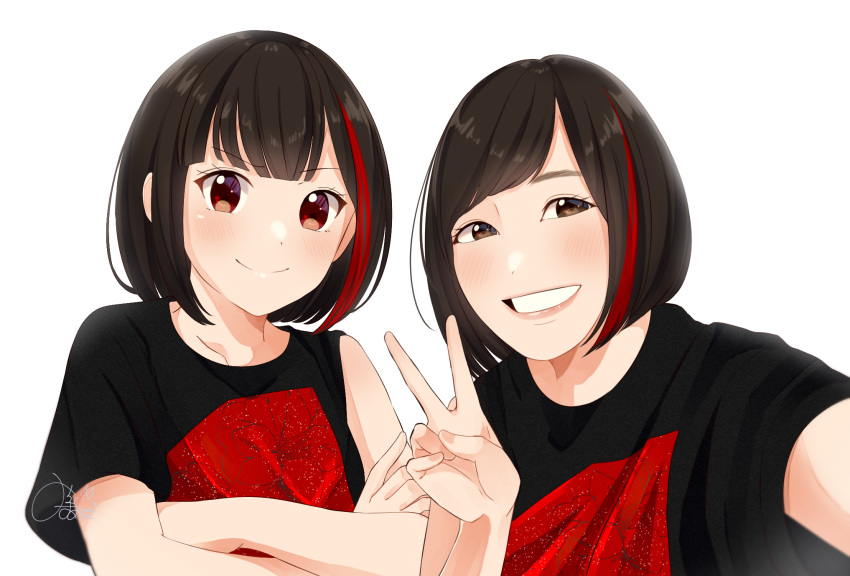 2girls, bang_dream!, black_hair, black_shirt, brown_eyes, crossed_arms, elu_pom, eyelashes