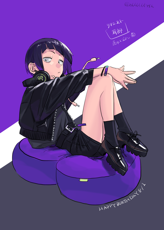 artist_name, asymmetrical_bangs, audio_jack, bangs, belt, birthday, black_background, black_belt