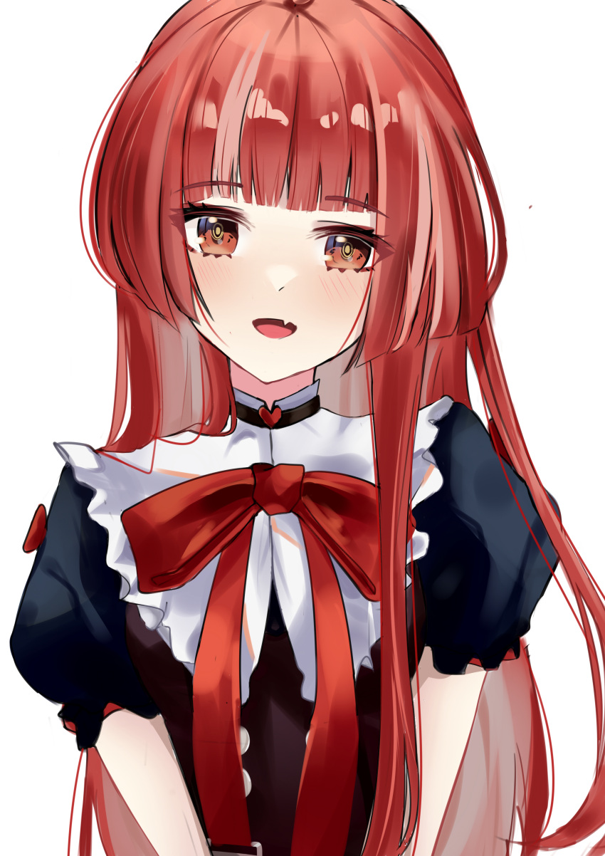 1girl, absurdres, bangs, black_dress, blunt_bangs, bow, bowtie, commentary, dress, english_commentary, eyebrows_visible_through_hair, fang, heart, highres, hololive, kureiji_ollie, long_hair, looking_at_viewer, olivia_(kureiji_ollie), open_mouth, puffy_short_sleeves, puffy_sleeves, red_eyes, red_neckwear, redhead, shiny, shiny_hair, short_sleeves, simple_background, skin_fang, smile, solo, ukei, upper_body, virtual_youtuber, white_background, yellow_pupils