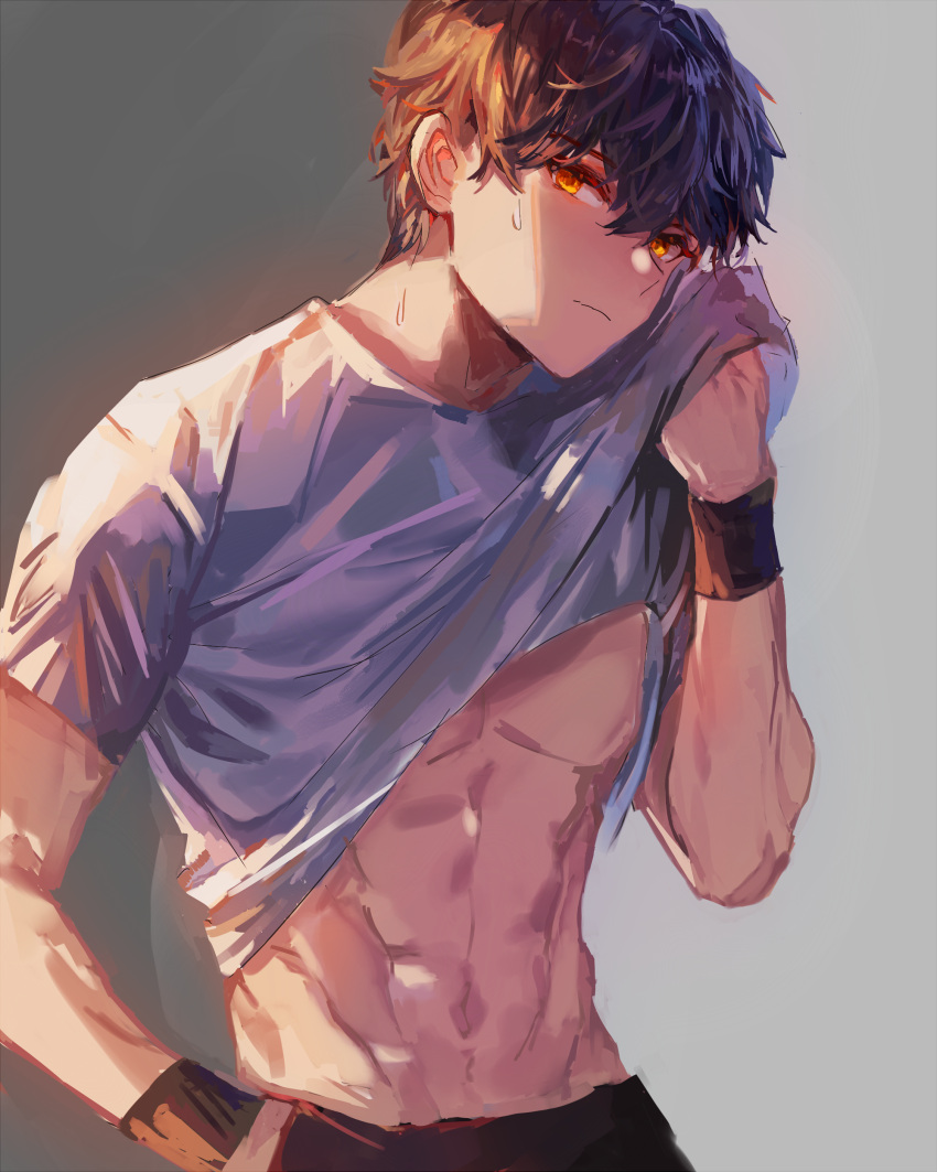 1boy, abs, absurdres, black_hair, closed_mouth, clothes_lift, commentary, dated_commentary