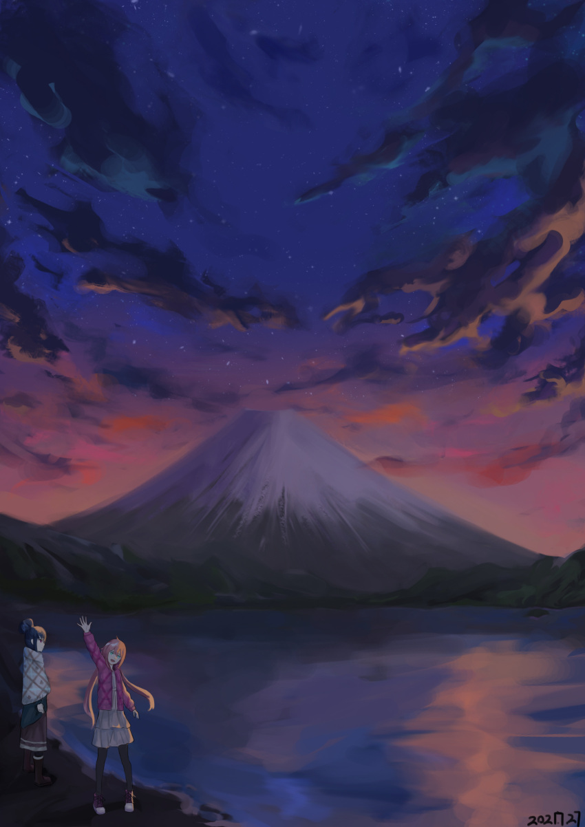 2girls, absurdres, arm_up, closed_mouth, clouds, cloudy_sky, dated, dress, green_eyes, guyijun, hair_between_eyes, hair_bun, highres, kagamihara_nadeshiko, lake, long_hair, mount_fuji, mountain, multiple_girls, night, night_sky, orange_hair, outdoors, pantyhose, patterned, patterned_clothing, red_eyes, shima_rin, sky, standing, star_(sky), star_(symbol), twintails, water, waving, white_dress, yurucamp
