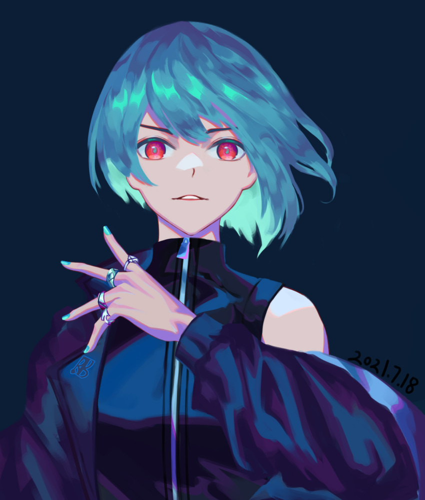 1girl, bangs, black_jacket, black_vest, blue_background, blue_hair, blue_nails, chinese_commentary, commentary_request, dated, guyijun, hand_up, highres, jacket, jewelry, looking_at_viewer, multiple_rings, nail_polish, off_shoulder, original, parted_lips, red_eyes, ring, short_hair, simple_background, smile, solo, upper_body, vest, zipper, zipper_pull_tab