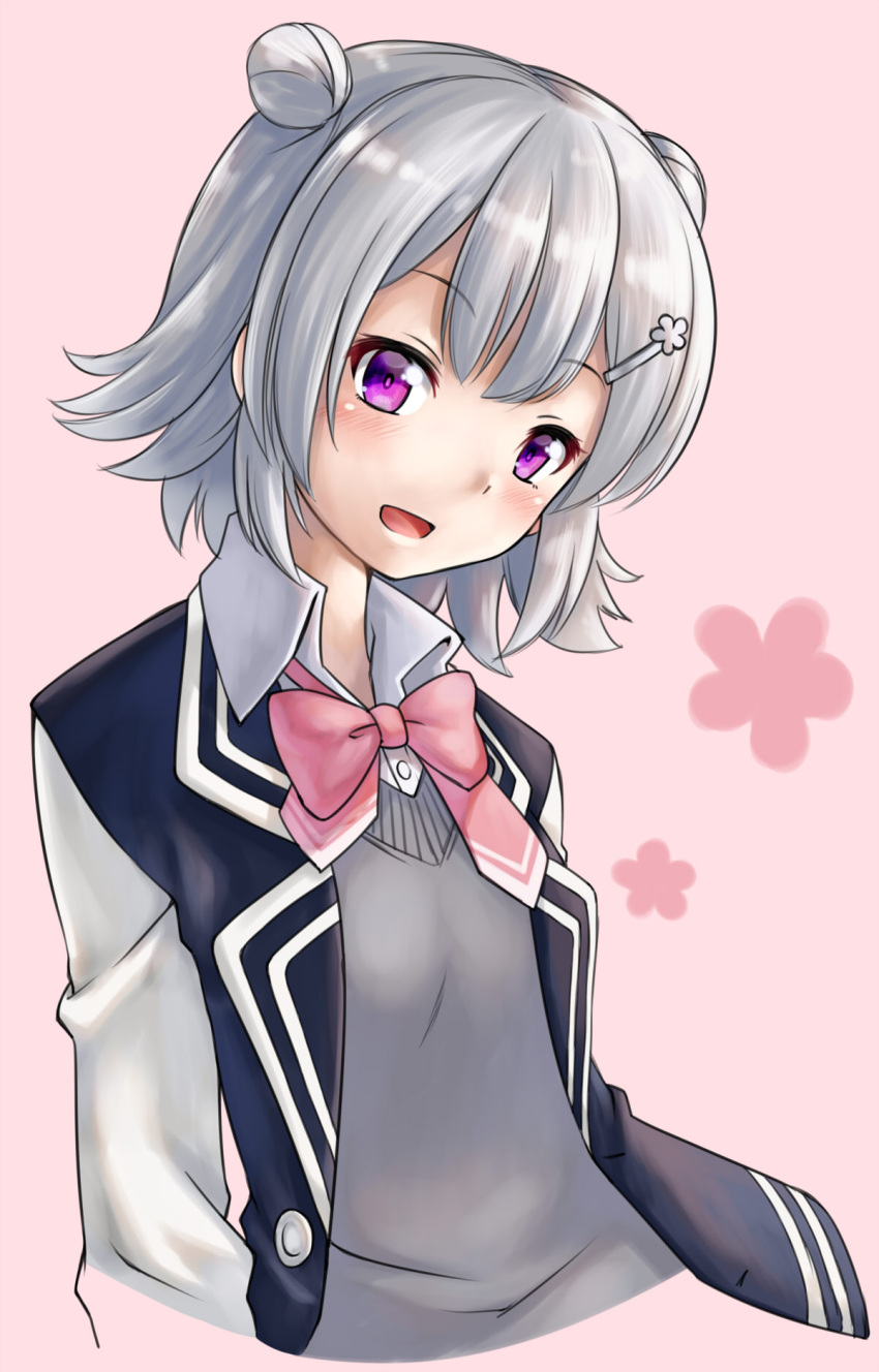 1girl, ascot, blazer, blue_jacket, cevio, commentary, cropped_torso, double_bun, grey_hair, grey_sweater, hair_ornament, hairclip, highres, jacket, koharu_rikka, looking_at_viewer, not_makigai, open_mouth, pink_background, pink_neckwear, school_uniform, short_hair, smile, solo, sweater, synthesizer_v, upper_body, violet_eyes