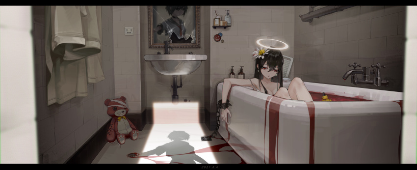 2girls, 50mgnicotine, :o, absurdres, bangs, bath, bath_of_blood, bathing, bathroom, bathtub, black_hair, blood, bottle, bra_strap, breasts, broken_glass, broken_mirror, chain, chinese_commentary, commentary_request, corrupted_exif_data, cuffs, earrings, eyebrows_visible_through_hair, faucet, flower, flower_earrings, glass, hair_between_eyes, hair_flower, hair_ornament, halo, highres, indoors, jewelry, knees_up, long_hair, looking_away, multiple_girls, opening_door, original, overflowing, overflowing_bath, partially_submerged, red_eyes, reflection, restrained, rubber_duck, shadow, sink, sitting, solo_focus, stuffed_animal, stuffed_toy, teddy_bear, tile_wall, tiles, towel, white_flower