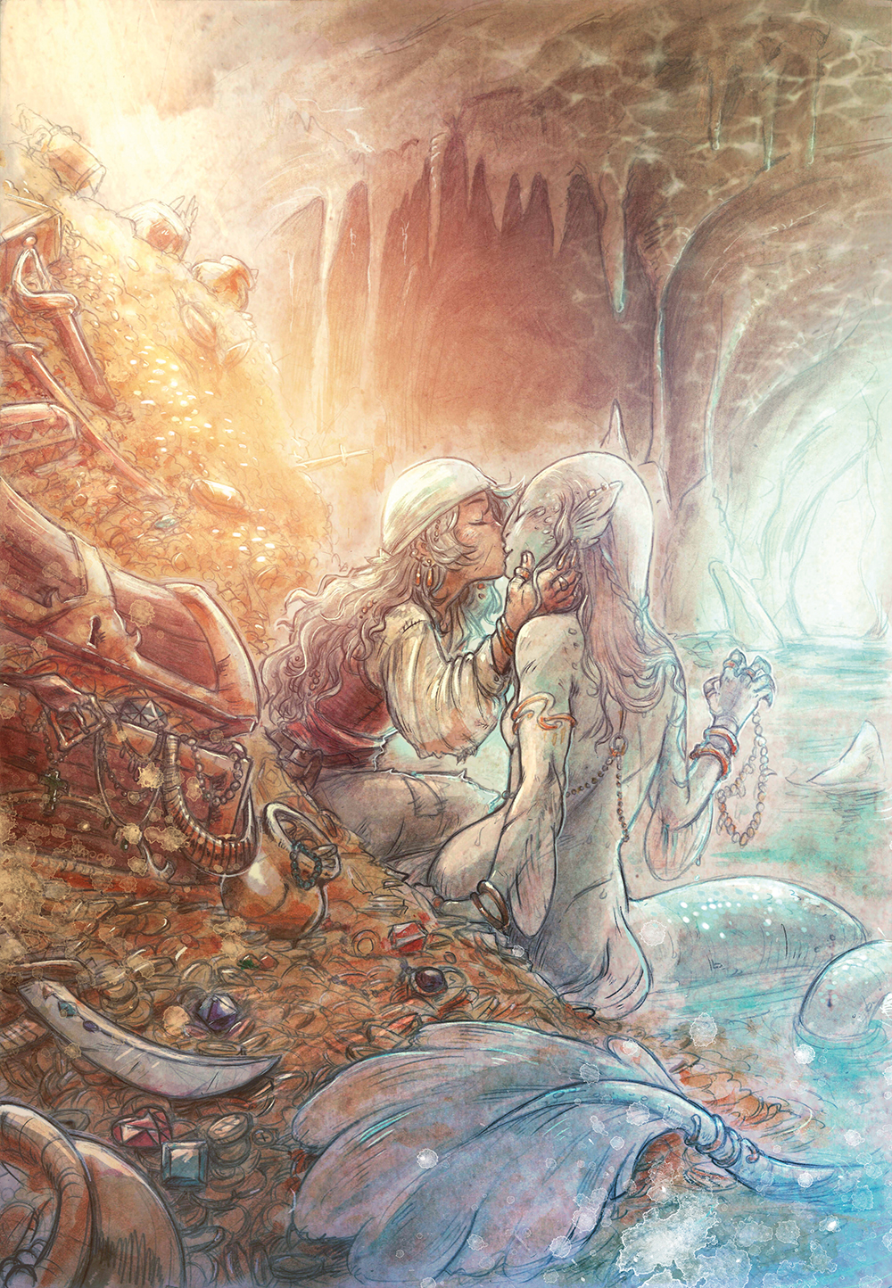 2girls, bandana, cave, closed_eyes, coin, dagger, fins, gem, gold_coin, highres, jewelry, kiss, knife, mermaid, monster_girl, multiple_girls, original, partially_submerged, pirate, pointy_ears, ring, schpog, sitting, sword, tail_fin, treasure, treasure_chest, water, weapon