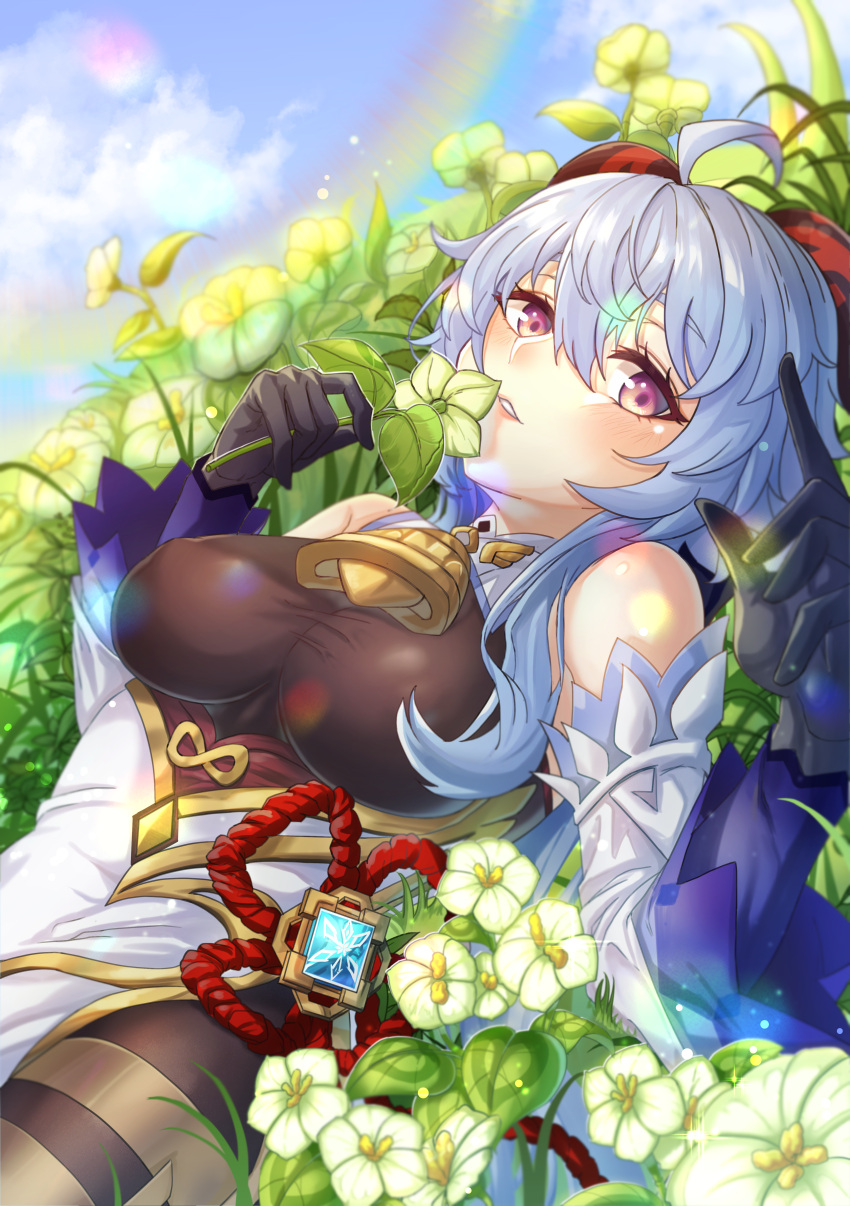 1girl, absurdres, ahoge, bangs, bell, black_bodysuit, black_gloves, blue_hair