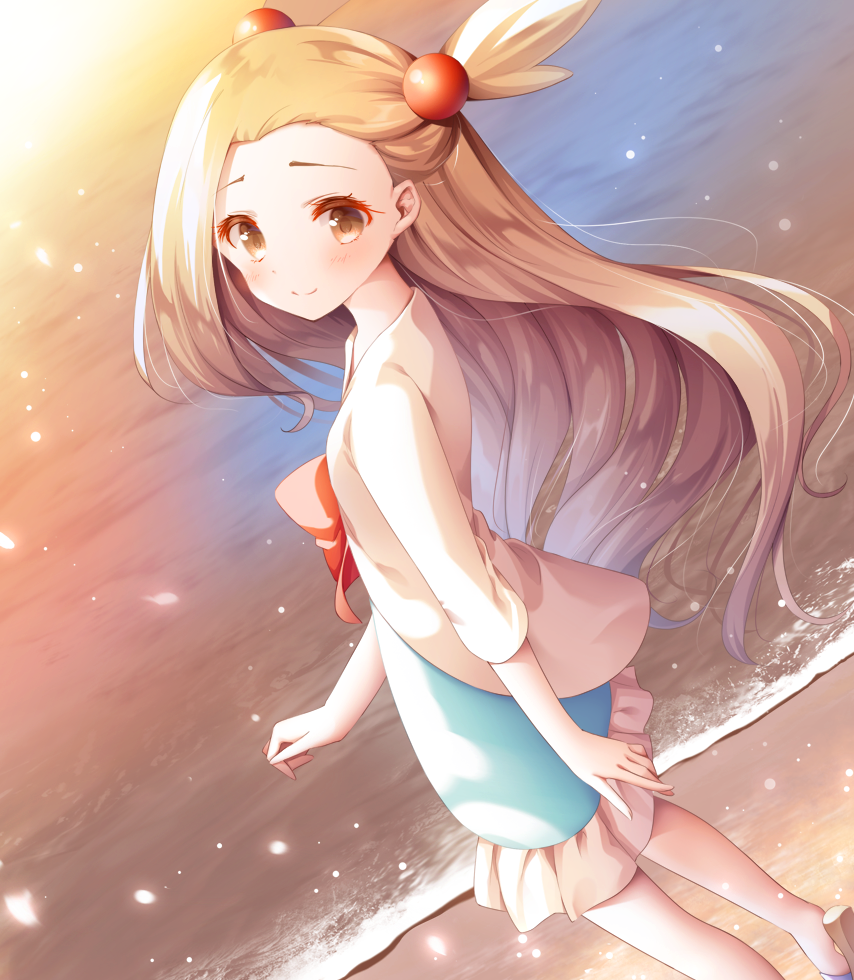 1girl, beach, blue_dress, blush, bow, brown_eyes, brown_footwear, brown_hair
