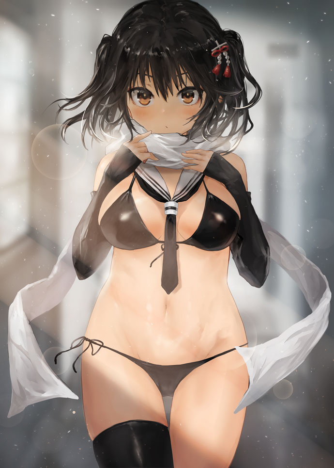1girl, bangs, bikini, black_bikini, black_gloves, black_hair, black_legwear, black_neckwear