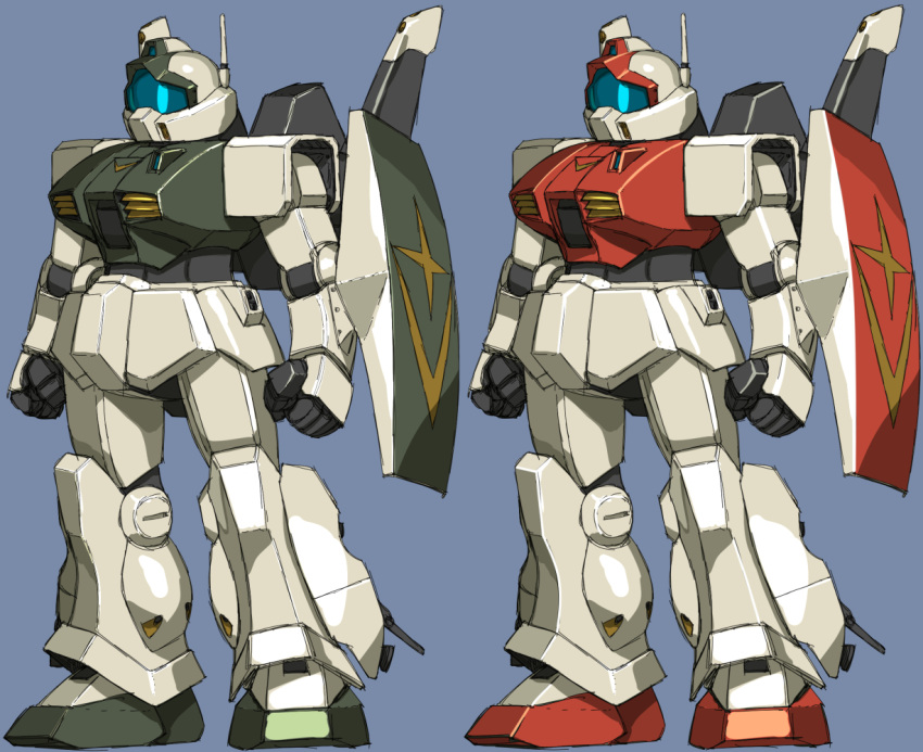 blue_background, clenched_hands, fusion, gm_(mobile_suit), gundam, hizack, mecha, mobile_suit, munya_(otikamohe), no_humans, radio_antenna, science_fiction, shield, variations, visor, zeta_gundam