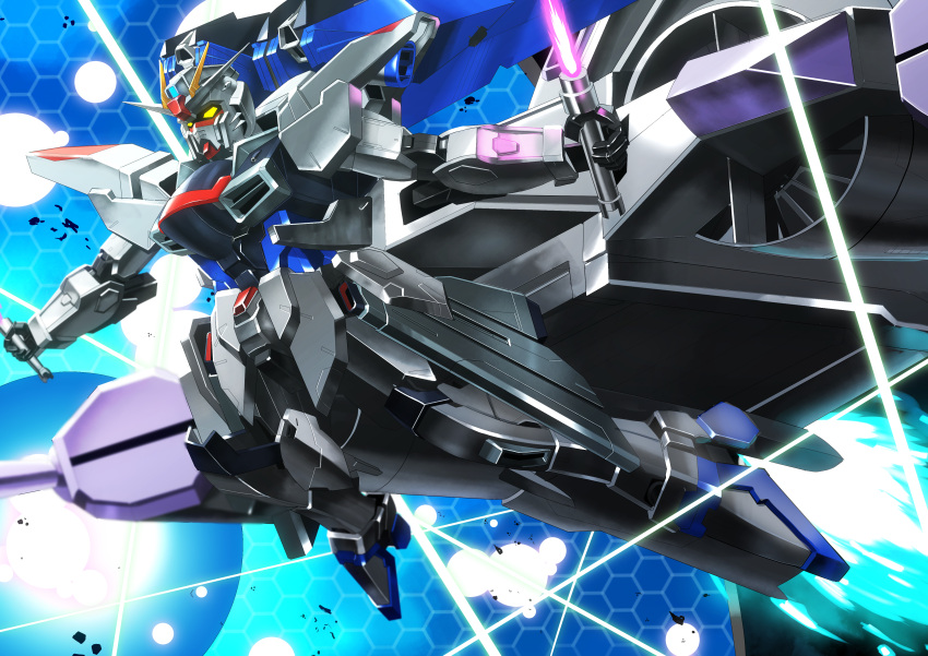 absurdres, beam_saber, dual_wielding, explosion, flying, freedom_gundam, gundam, gundam_seed, highres, holding, holding_sword, holding_weapon, mecha, meteor_(gundam), mobile_suit, moyashi_(karamisouma), no_humans, solo, sword, v-fin, weapon, yellow_eyes