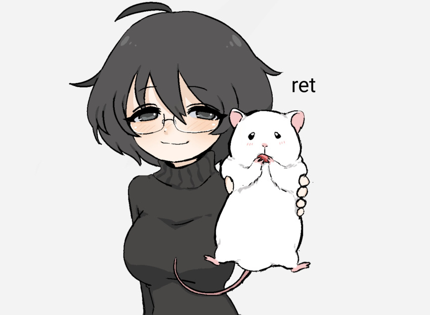 04119_snail, 1girl, animal, black_eyes, black_hair, black_sweater, breasts, closed_mouth