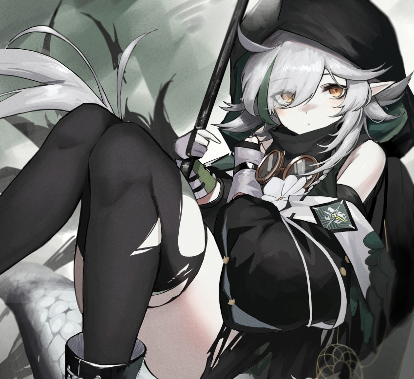 1girl, absurdres, ahoge, arknights, bangs, bare_shoulders, black_footwear, black_hair