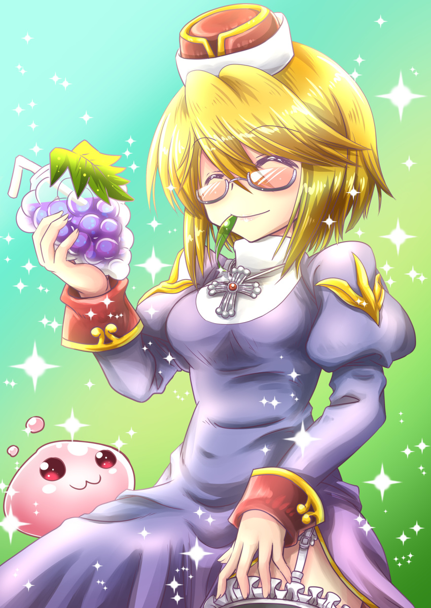 1girl, :3, biretta, blonde_hair, blush, breasts, closed_eyes, closed_mouth