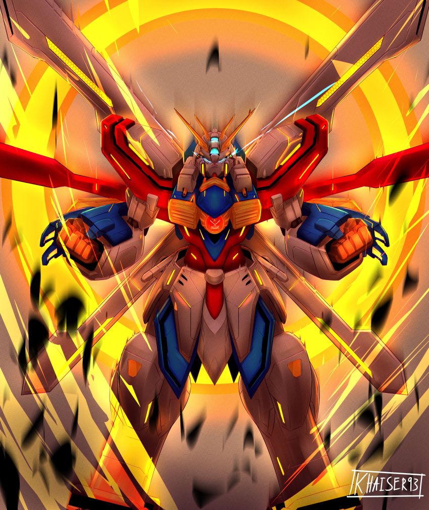 absurdres, artist_name, blue_eyes, clenched_hands, english_commentary, g_gundam, glowing, glowing_eyes