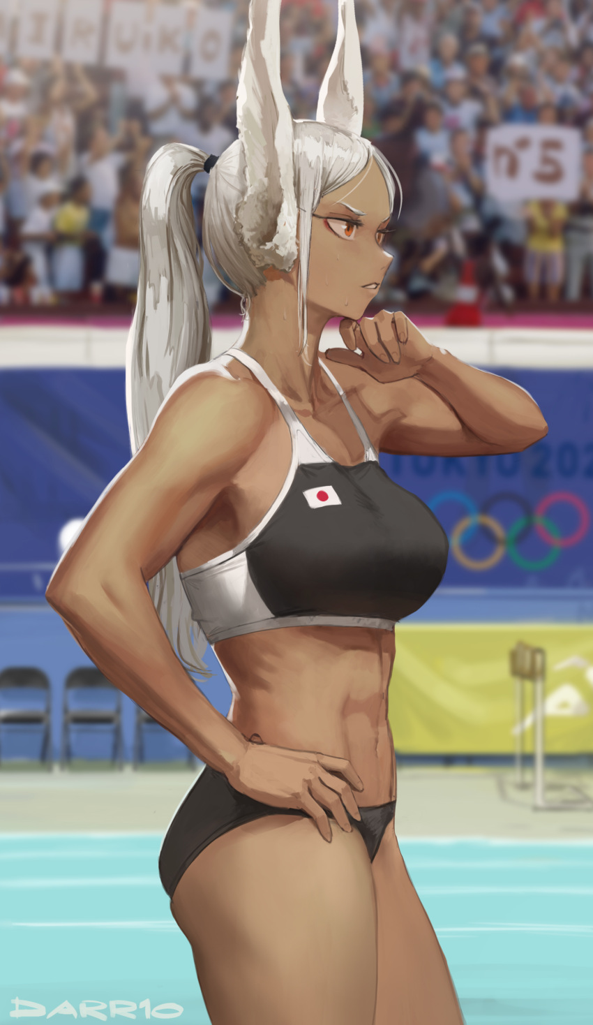 1girl, 2020_summer_olympics, abs, absurdres, alternate_hairstyle, animal_ears, audience, boku_no_hero_academia
