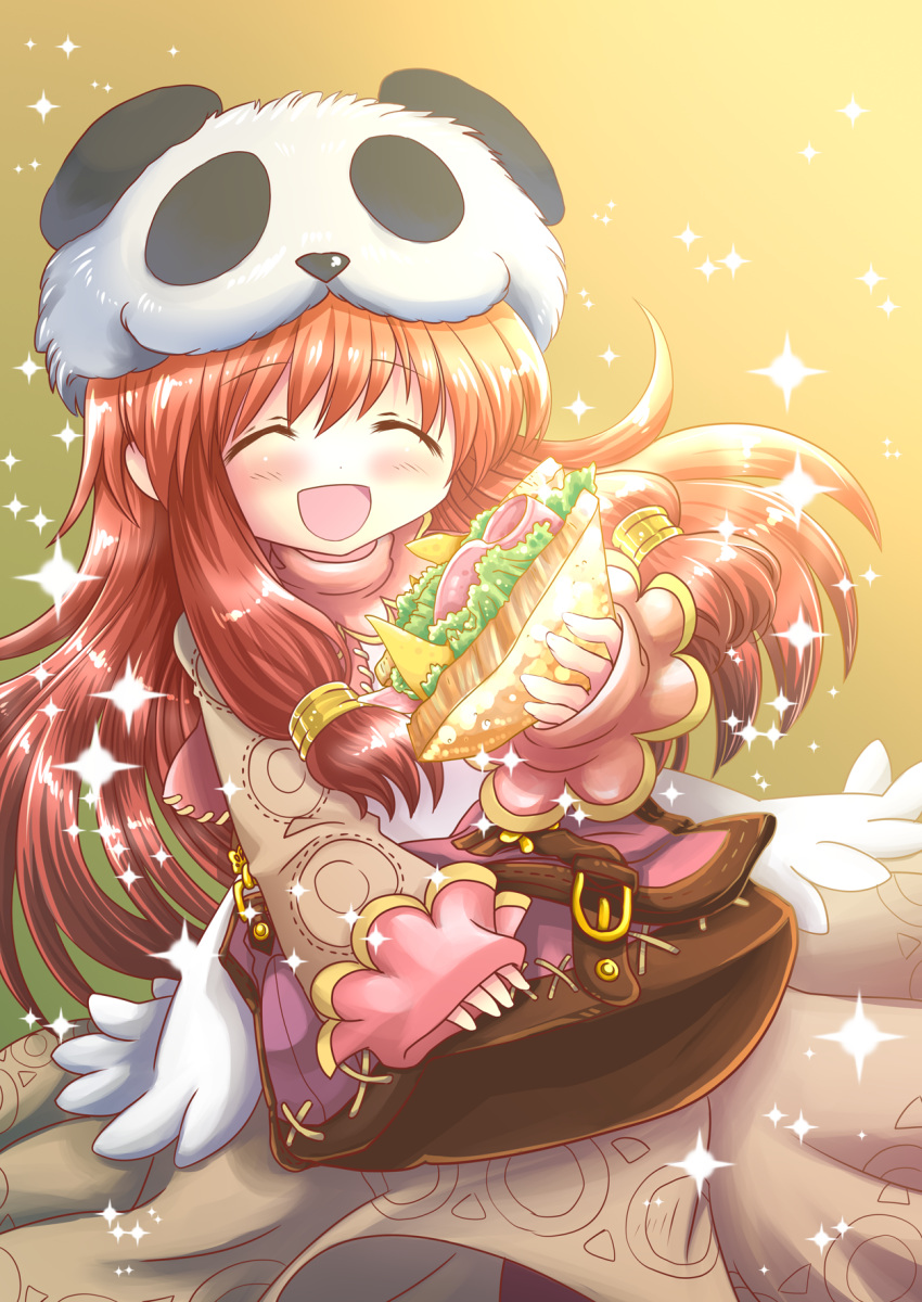 1girl, :d, bag, bangs, blush, brown_dress, brown_hair, cheese, closed_eyes, commentary_request, commission, cowboy_shot, dress, eyebrows_visible_through_hair, food, highres, holding, holding_food, kiritaki, lettuce, long_hair, meat, merchant_(ragnarok_online), open_mouth, panda_hat, ragnarok_online, sandwich, sidelocks, skeb_commission, sleeves_past_wrists, smile, solo, sparkle, yellow_background