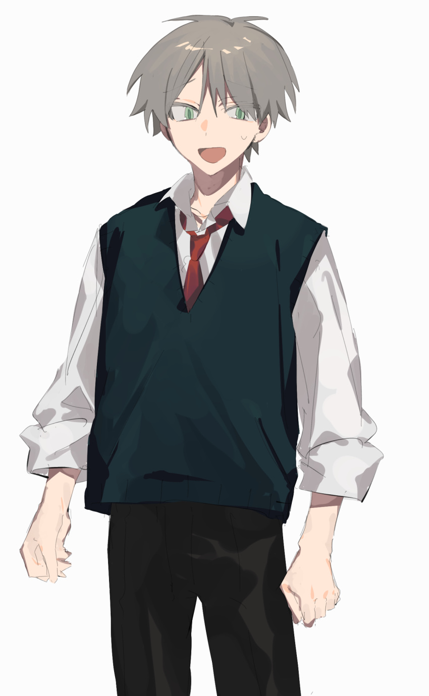 1boy, black_pants, black_sweater_vest, collared_shirt, commentary_request, cowboy_shot, eyebrows_visible_through_hair, green_eyes