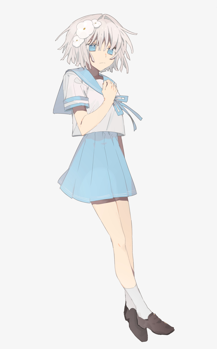 1girl, absurdres, bangs, blouse, blue_eyes, blue_ribbon, blue_sailor_collar, blue_skirt