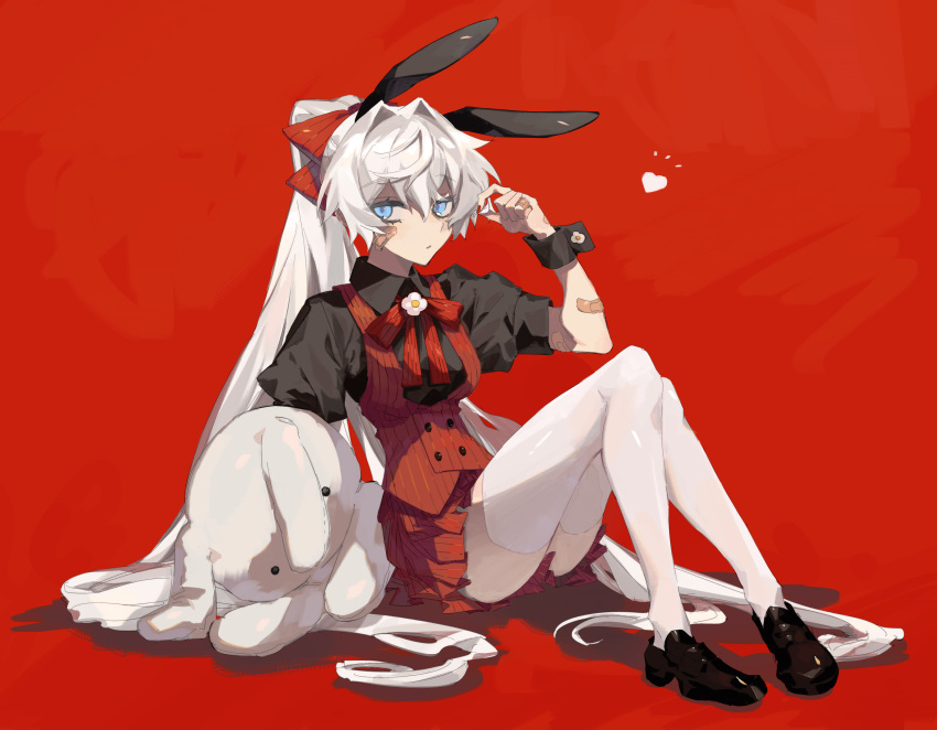 1girl, absurdres, animal_ears, bandaid, bandaid_on_arm, bandaid_on_face, bangs, black_footwear
