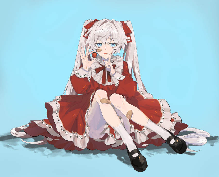 1girl, absurdres, bandaid, bandaid_on_leg, bangs, black_footwear, blue_background, blue_eyes