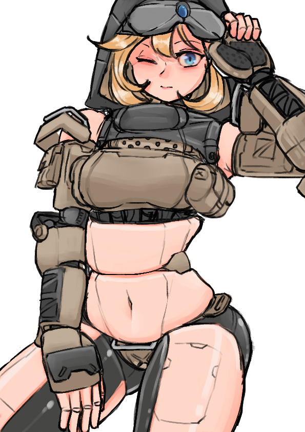 1girl, android, bangs, blonde_hair, breasts, brown_gloves, drawfag, fingerless_gloves, gloves, hand_on_hip, hood, hood_up, ion_(titanfall_2), joints, looking_at_viewer, medium_breasts, metal_skin, navel, one_eye_closed, personification, robot_joints, short_hair, solo, titanfall_(series), titanfall_2