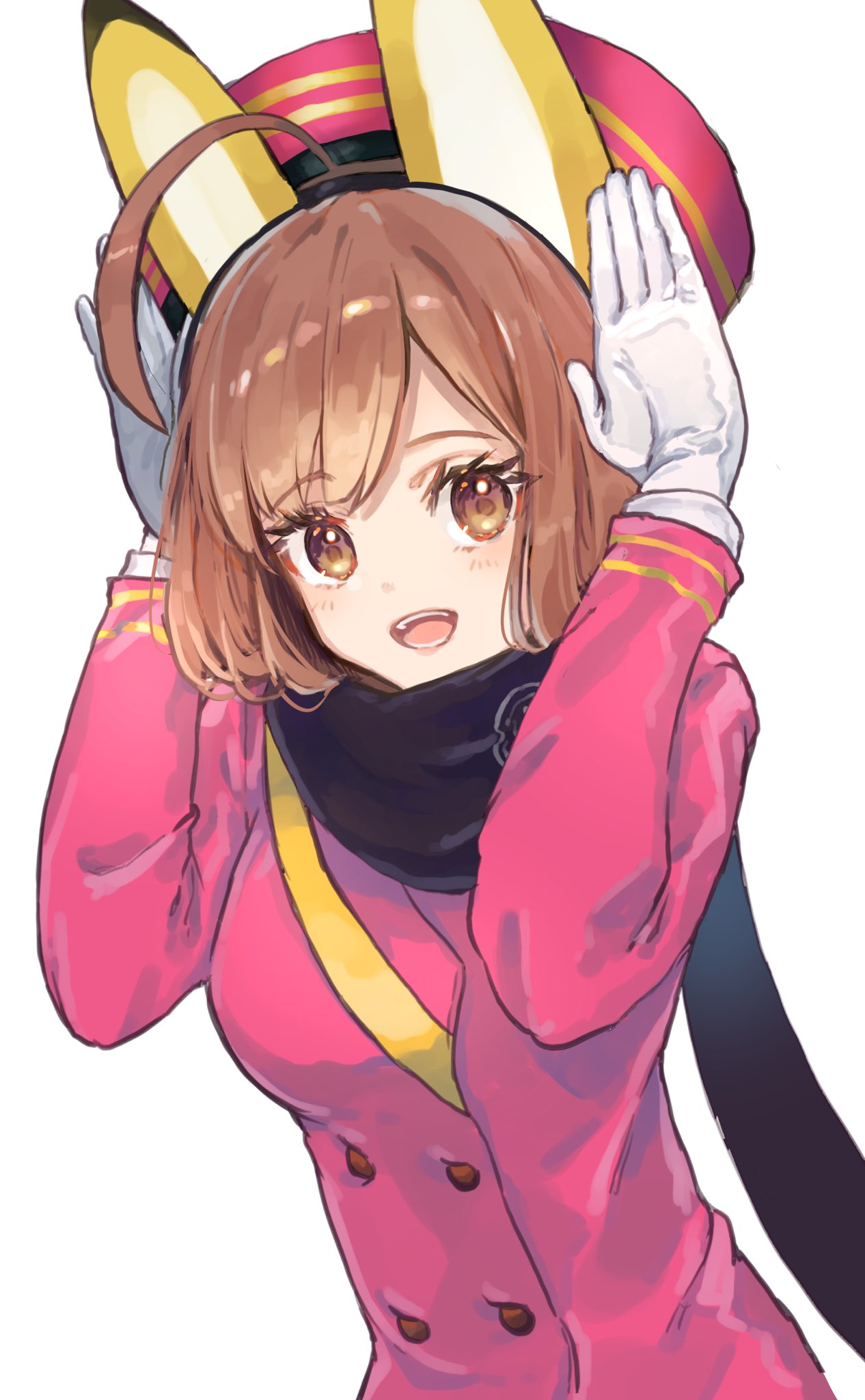 1girl, ahoge, animal_ears, biei_nanako, black_scarf, blush, breasts, brown_eyes