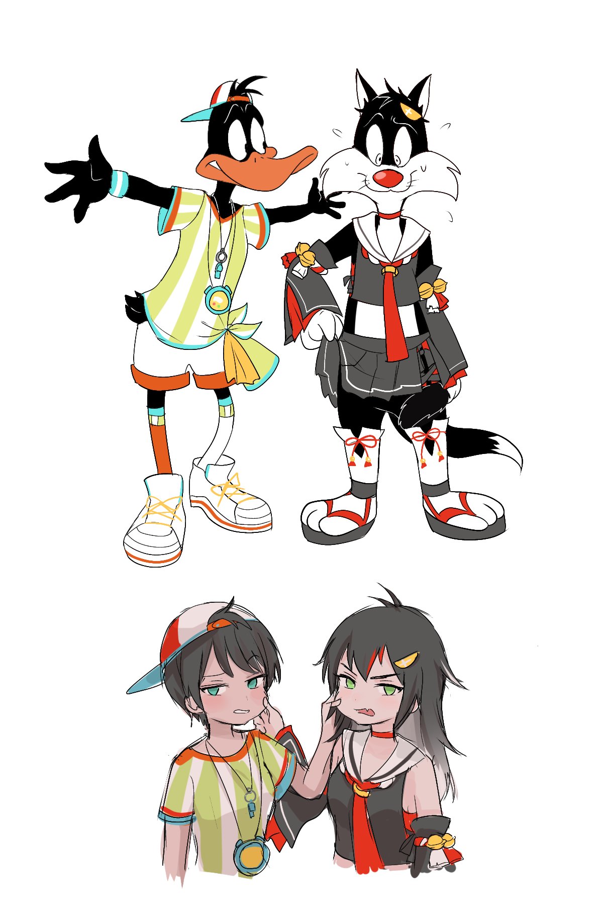 2boys, 2girls, baseball_cap, beak, bird, blush, cat, cat_tail