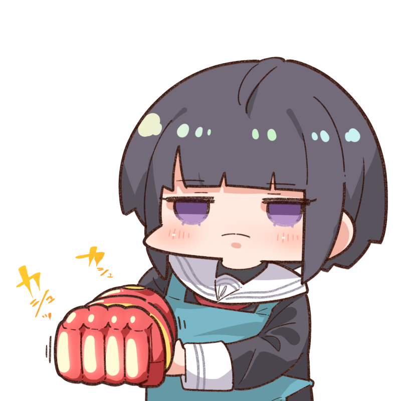 1girl, apron, bangs, black_hair, black_shirt, blue_apron, blunt_bangs, blush