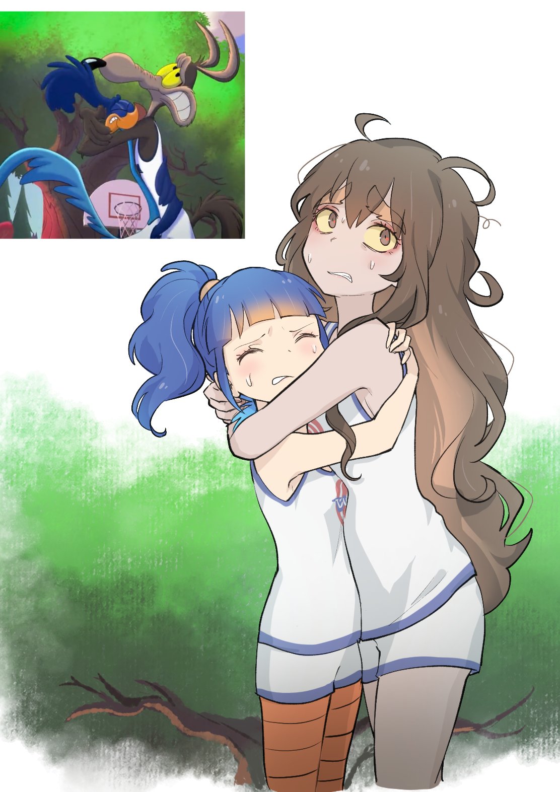 2boys, 2girls, basketball_hoop, basketball_uniform, bird, blue_hair, brown_eyes, brown_hair